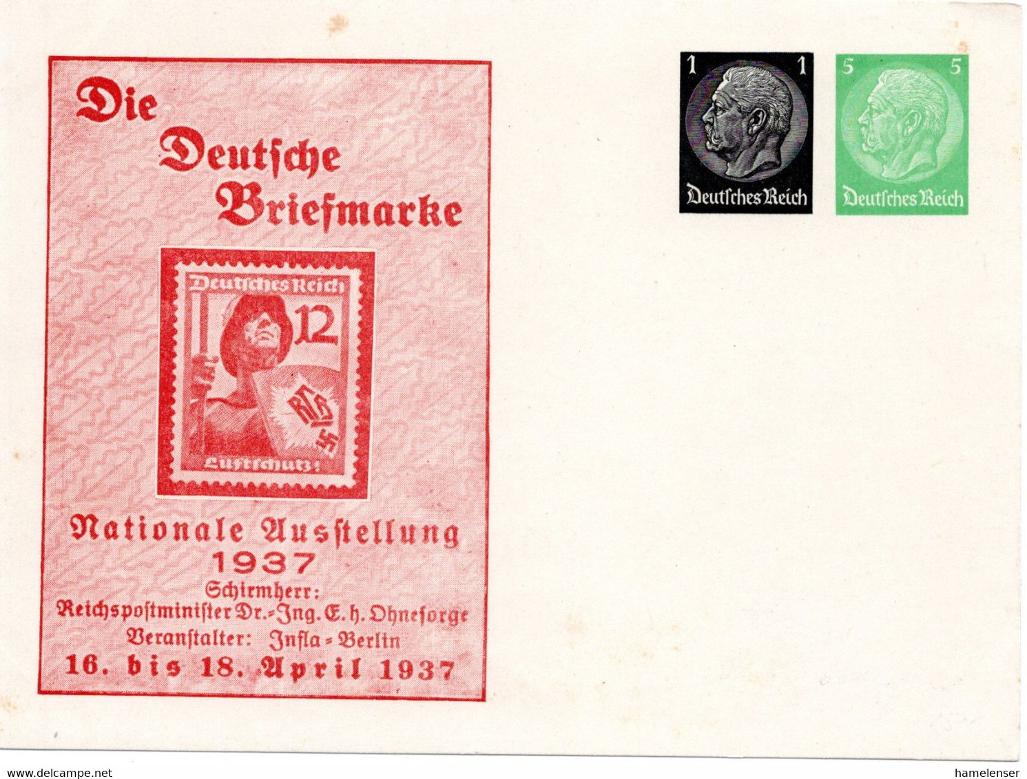 56181 - Deutsches Reich - 1937 - 1&5Pfg Hindenburg PGAKte "Die Deutsche Briefmarke", Ungebraucht - Timbres Sur Timbres