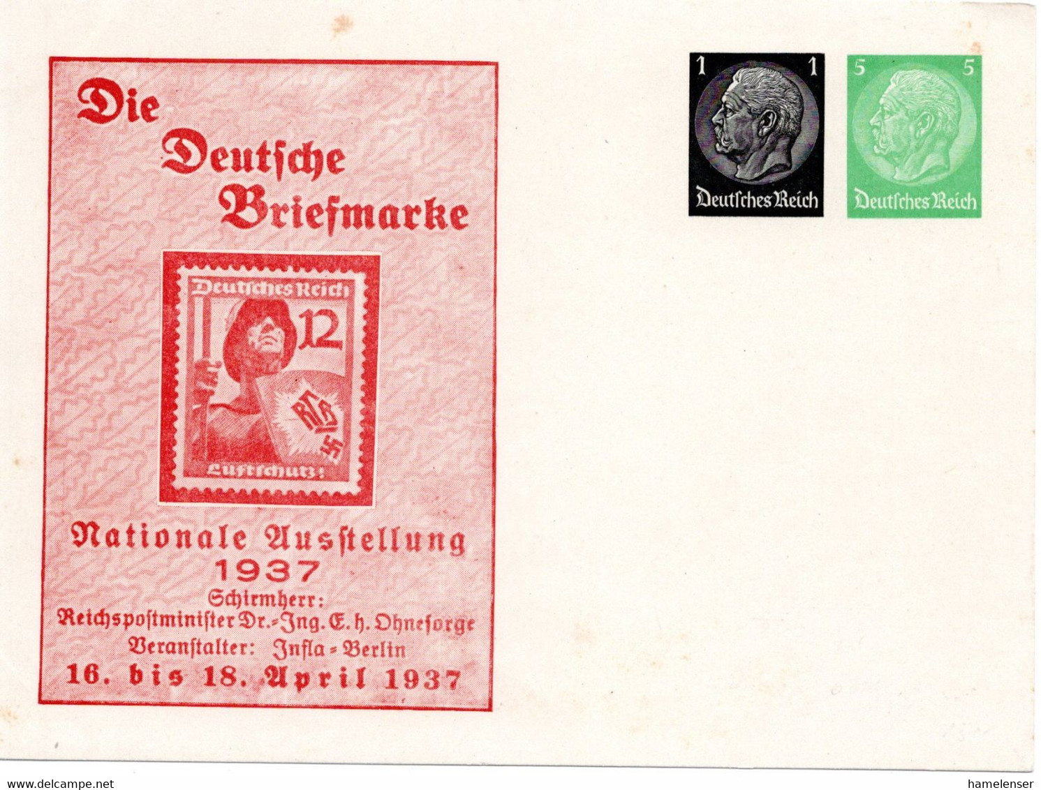 56181 - Deutsches Reich - 1937 - 1&5Pfg Hindenburg PGAKte "Die Deutsche Briefmarke", Ungebraucht - Sellos Sobre Sellos