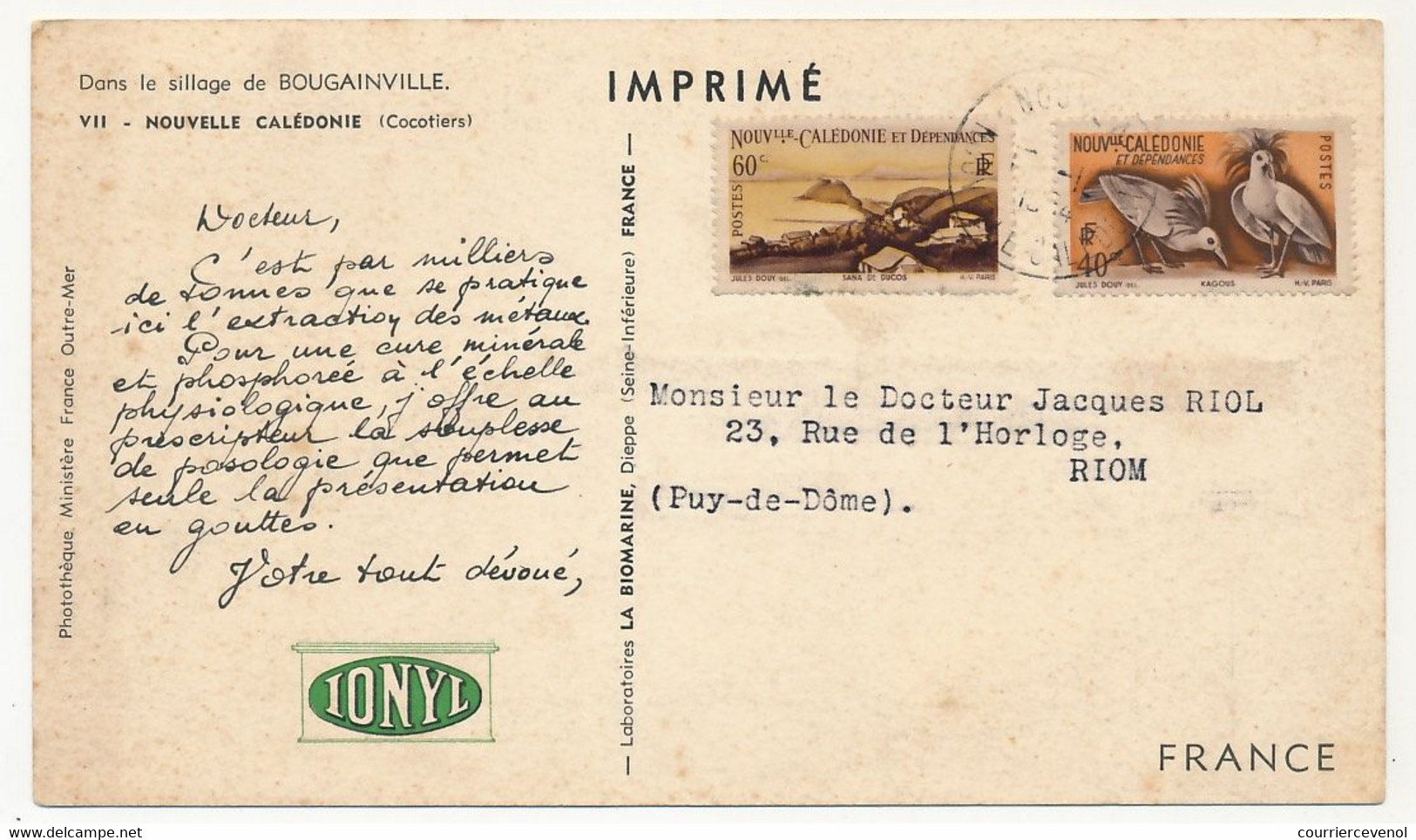 NOUVELLE CALEDONIE - Carte Publicitaire IONYL Affranchie TP Nvelle Calédonie - 1954 - Cartas & Documentos