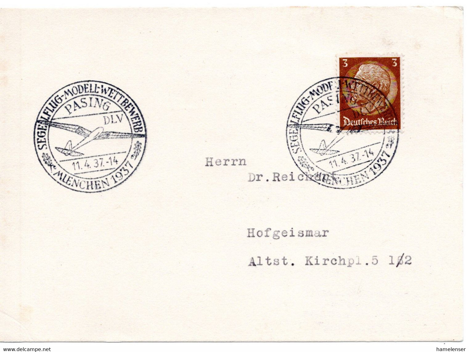 56210 - Deutsches Reich - 1937 - 3Pfg Hindenburg EF A DrucksKte SoStpl PASING - SEGELFLUG-MODELL-WETTBEWERB ... -> - Other (Air)