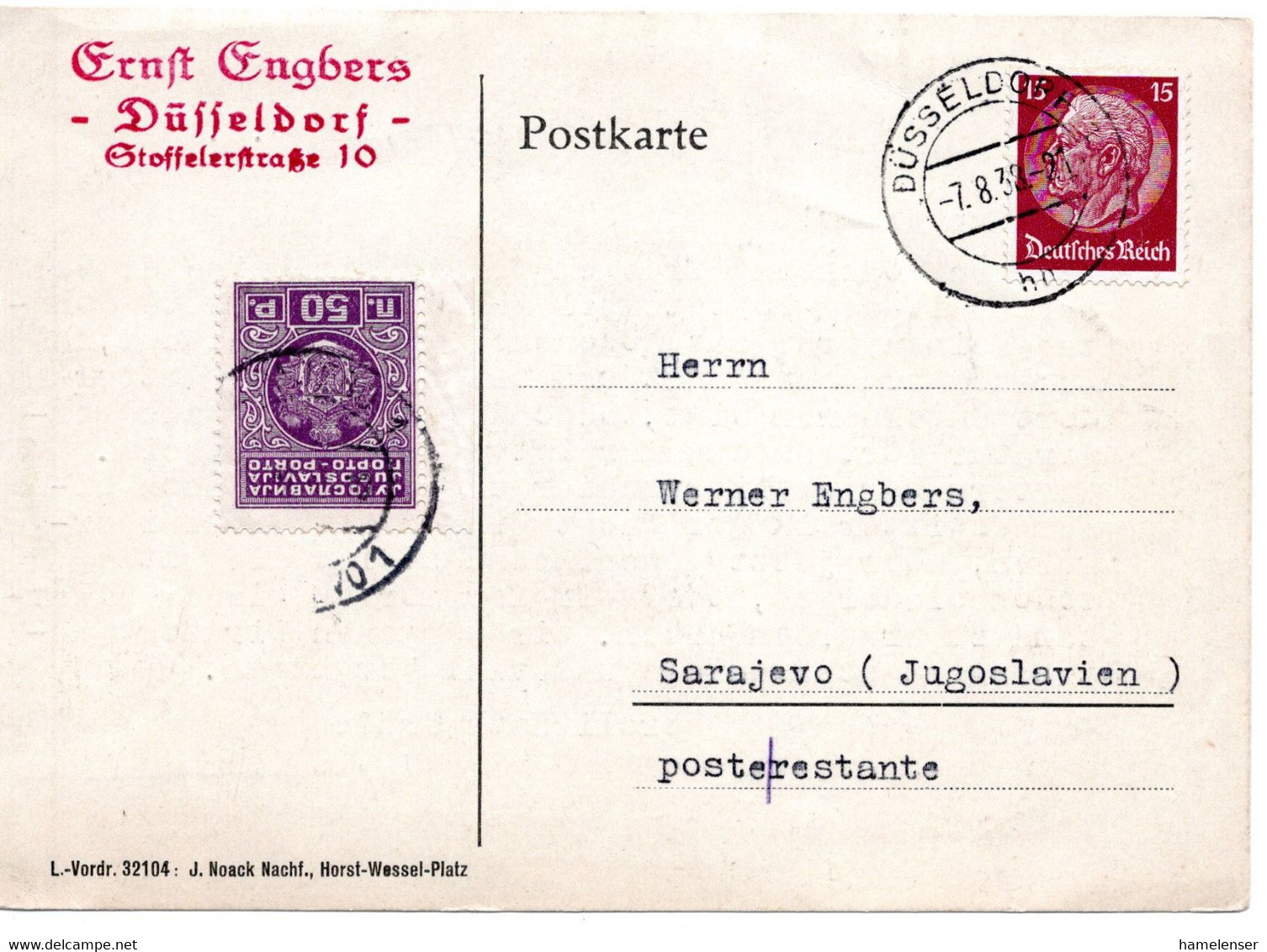 56214 - Deutsches Reich - 1939 - 15Pfg Hindenburg EF A Kte DUESSELDORF -> SARAJEVO (Jugoslawien), M 50P Nachporto - Timbres-taxe