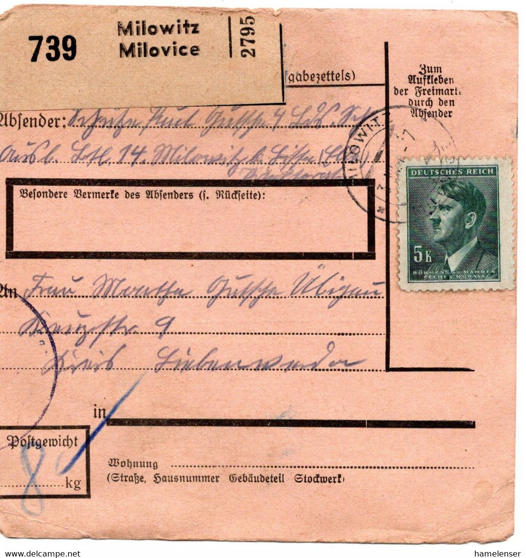 56252 - Deutsches Reich / Boehmen & Maehren - 1944 - 5K Hitler EF A PaketKte MILOWITZ -> UEBIGAU (Deutschland) - Briefe U. Dokumente