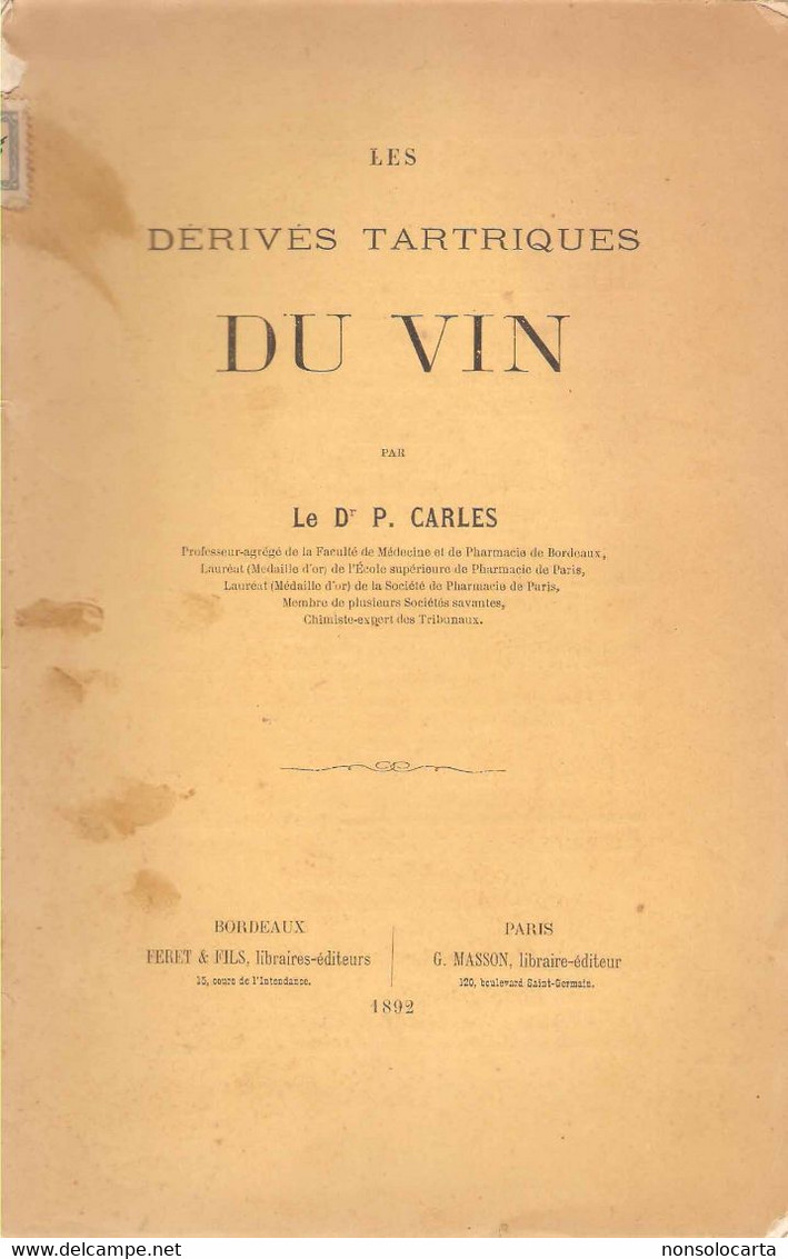 CARLES_LES DERIVES TARTRIQUES DU VIN_1892 - 1801-1900