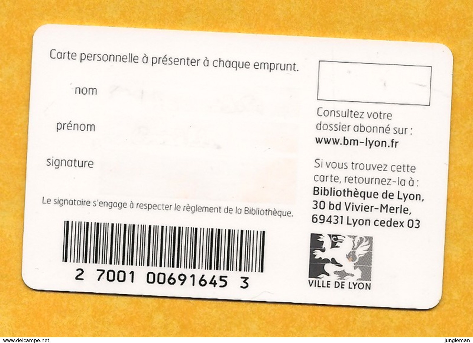 Carte D'abonnement - Bibliothèque Municipale De Lyon - Périmée - Autres & Non Classés