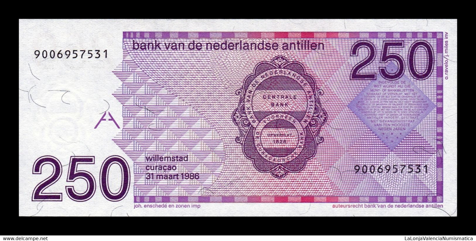 Antillas Holandesas Netherland Antilles 250 Gulden 1986 Pick 27 SC UNC - Antilles Néerlandaises (...-1986)