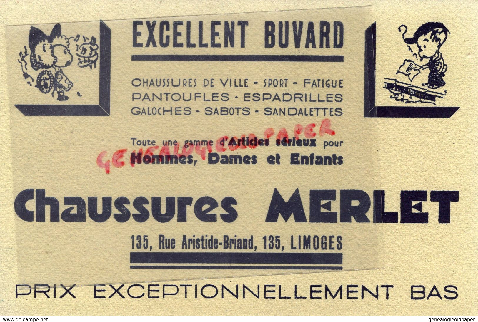 87 - LIMOGES - BEAU BUVARD CHAUSSURES MERLET - ESPADRILLES-SABOTS PANTOUFLES  GALOCHES- 135 RUE ARISTIDE BRIAND - Chaussures