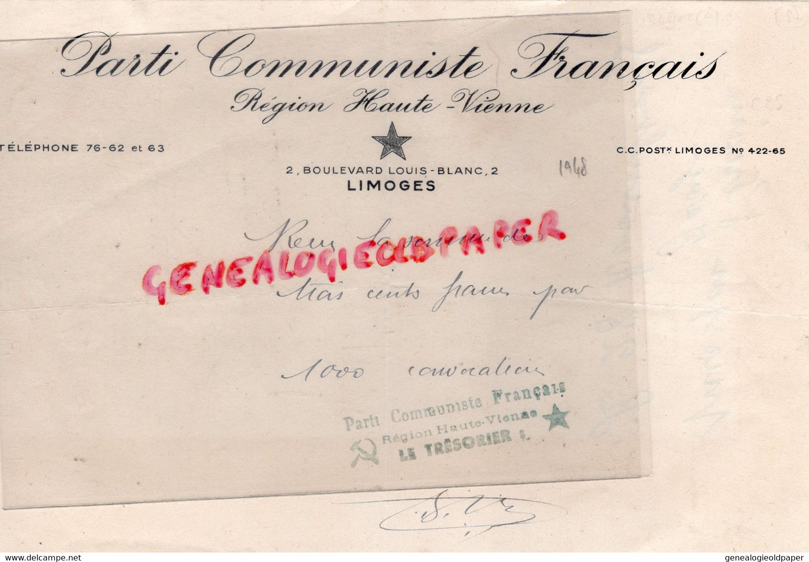 87 - LIMOGES - PARTI COMMUNISTE FRANCAIS-REGION HAUTE VIENNE-2 BOULEVARD LOUIS BLANC-LE TRESORIER 1948 POLITIQUE - Documents Historiques