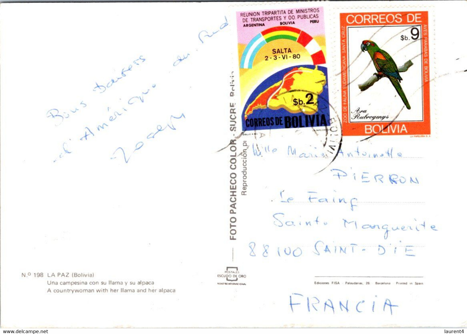 (2 N 20) Bolivia (posted To France) La Paz (Llama & Alpaca) - Bolivie