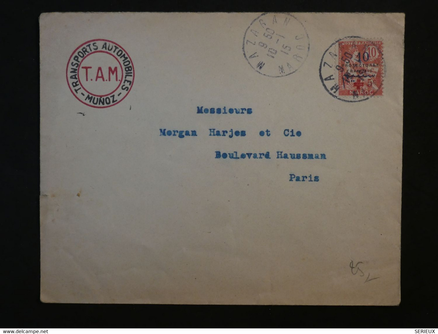 BK 11 MAROC BUREAUX  FRANCAIS BELLE  LETTRE TAM  1915   PETIT BUREAU MAZARAN  A PARIS FRANCE ++  AFFRANC. PLAISANT - Covers & Documents