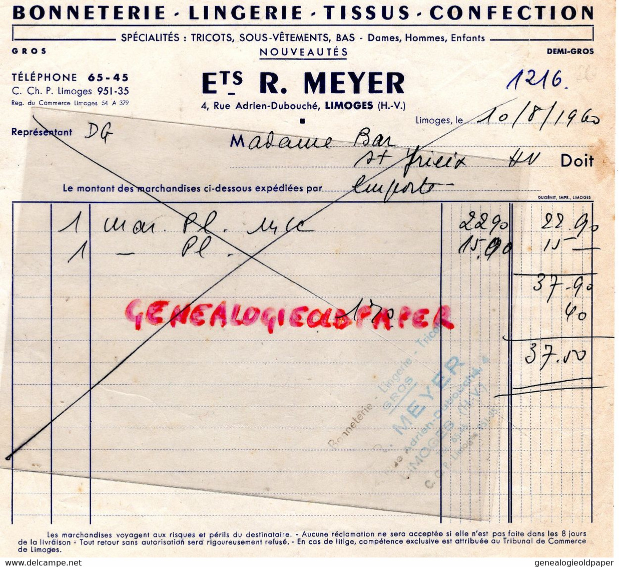 87- LIMOGES- FACTURE BONNETERIE LINGERIE CONFECTION R. MEYER-4 RUE ADRIEN DUBOUCHE-MME BAR ST SAINT YRIEIX- 1960 - Textile & Clothing