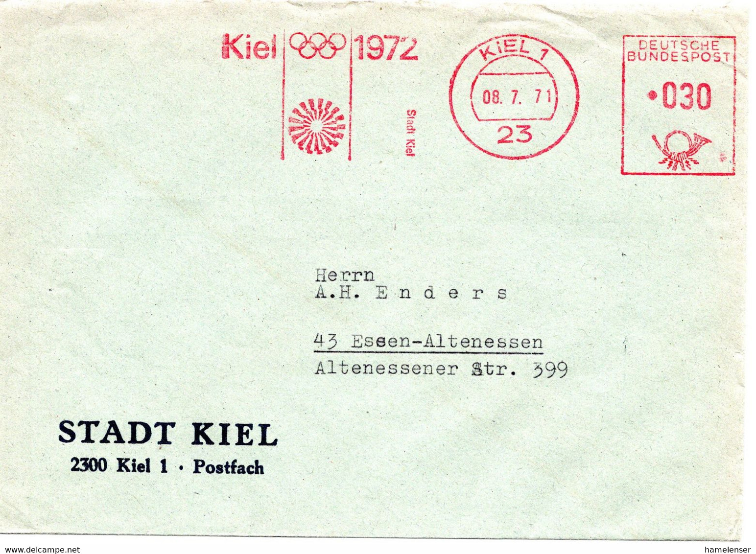 56277 - Bund - 1971 - 30Pfg AbsFreistpl KIEL - KIEL 1972 STADT KIEL -> Essen - Sommer 1972: München