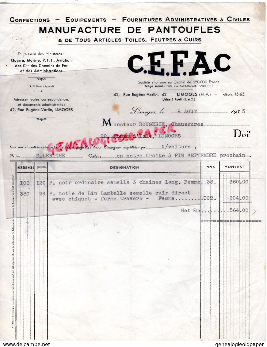 87 - LIMOGES- FACTURE CEFAC CONFECTIONS  -MANUFACTURE CHAUSSURES FEUTRES TOILE CUIR-1935-ROUGERIE 22 ROUTE D' ISLE - Kleidung & Textil