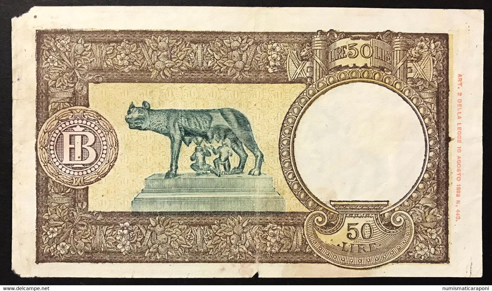 50 Lire Lupetta Capitolina L'aquila B.I. 08 10 1943 R.s.i. Rara Mancanze Ma Carta Naturale  LOTTO 4255 - 50 Liras