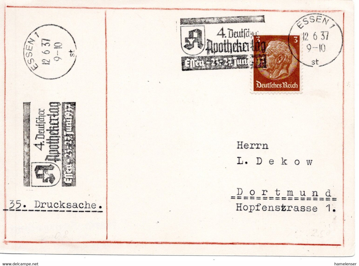 56288 - Deutsches Reich - 1937 - 3Pfg Hindenburg A DrucksKte ESSEN - 4.DEUTSCHER APOTHEKERTAG -> Dortmund - Pharmacie