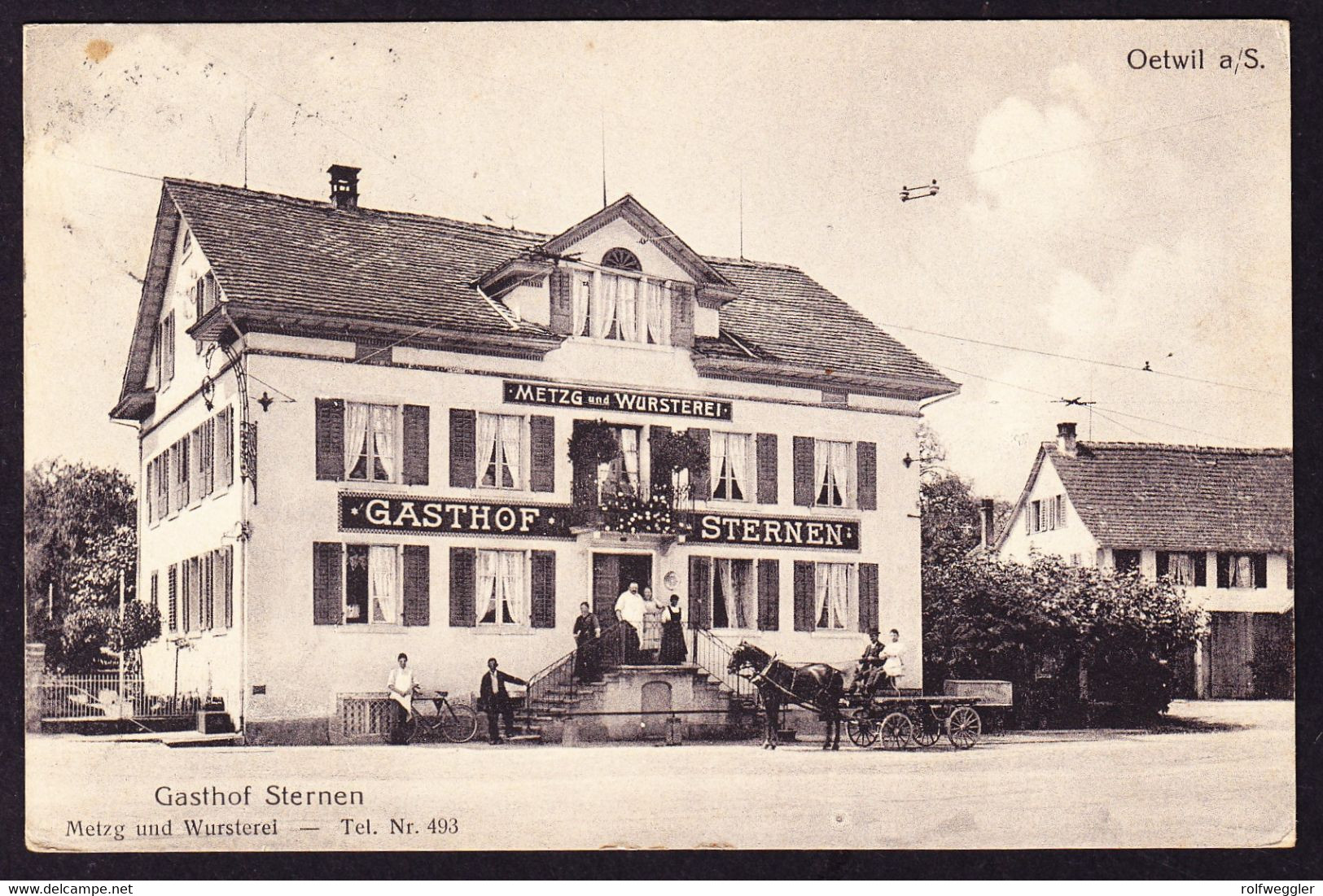 1916 Nach Guatemale Gelaufene AK Oetwil Am See. Gasthof Sternen, Metzg Und Wursterei. - Laufen-Uhwiesen 