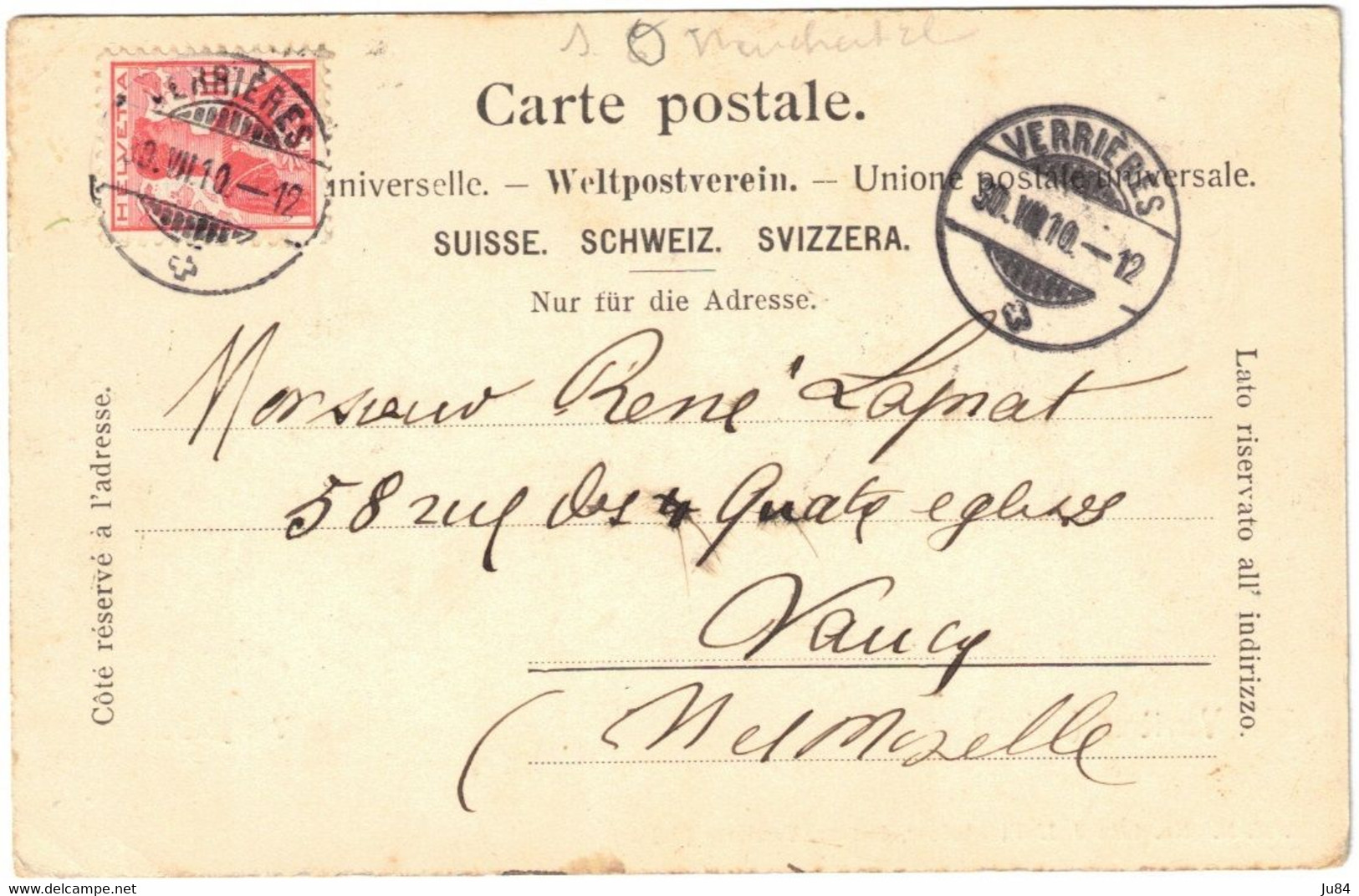 Suisse - Neuchâtel - Verrières - Cachet Verrières - Carte Postale Couleurs Pour Nancy (France) - 30 Juillet 1910 - Les Verrières