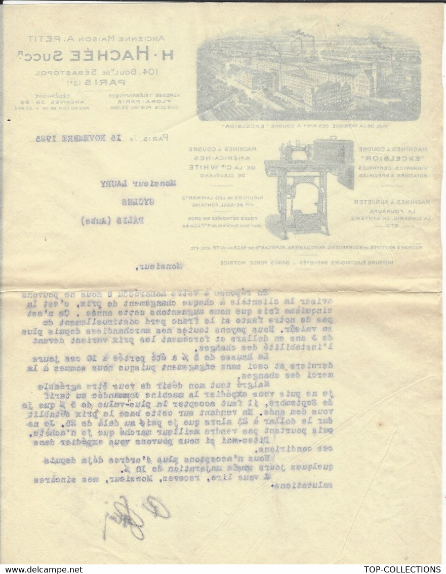 1925 SUPERBE ENTETE H.HACHEE Paris MACHINES A COUDRE INDUSTRIE  MARQUE EXCELSIOR ET MARQUE AMERICAINE  Laury Palis ( - 1900 – 1949