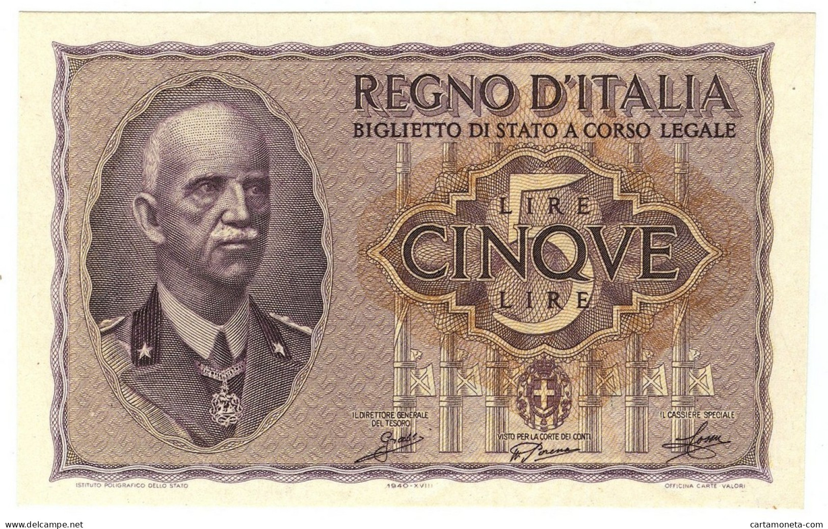 5 LIRE BIGLIETTO DI STATO VITTORIO EMANUELE III FASCIO 1940 XVIII FDS-/FDS - Regno D'Italia - Altri