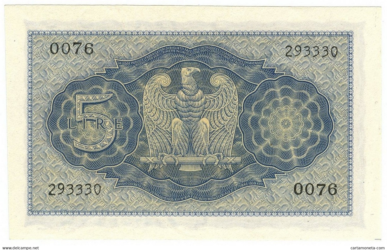 5 LIRE BIGLIETTO DI STATO VITTORIO EMANUELE III FASCIO 1940 XVIII FDS-/FDS - Regno D'Italia - Altri