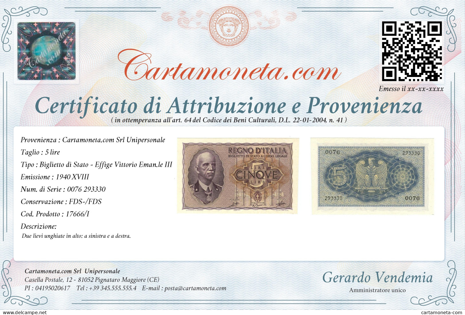 5 LIRE BIGLIETTO DI STATO VITTORIO EMANUELE III FASCIO 1940 XVIII FDS-/FDS - Regno D'Italia - Altri