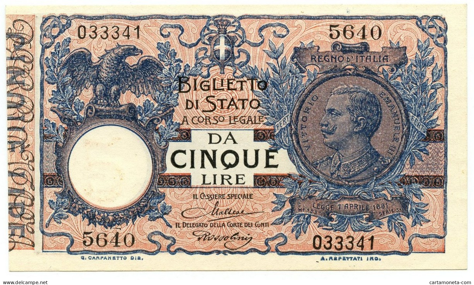 5 LIRE BIGLIETTO DI STATO VITTORIO EMANUELE III FLOREALE 24/02/1922 QFDS - Regno D'Italia - Altri