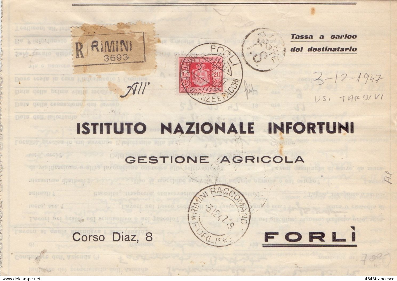 1947 Raccom. Da Rimini Per Forlì Con Tasse Da 20 L. In Uso Tardivo > 800€ -RIBASSATO - Pacchi Postali