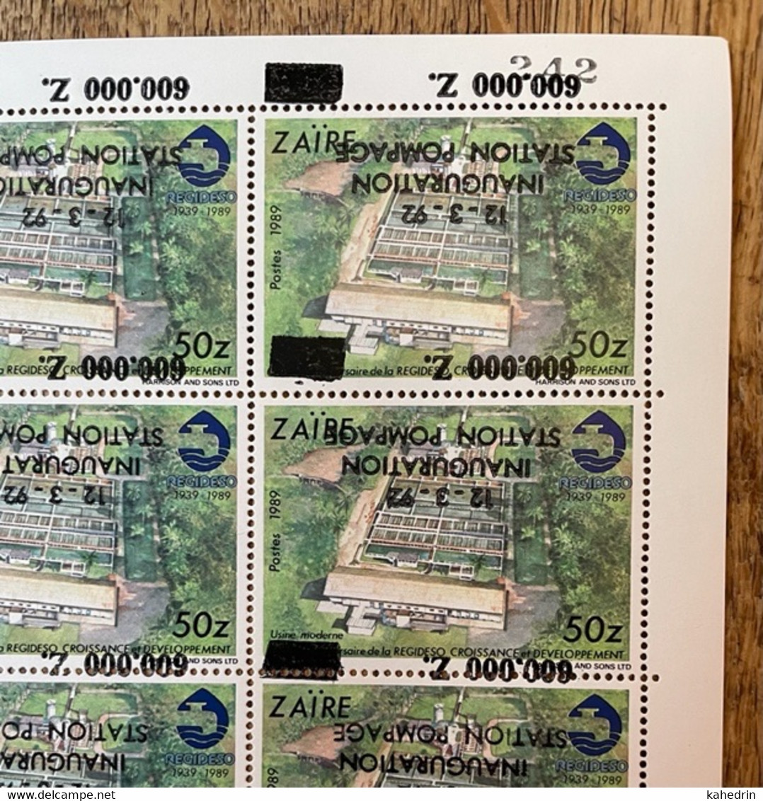 Zaire 1990, Regideso, ERROR: HUGE Inverted Overprint Surcharge: Inauguration Station Pompage **, MNH, Half Sheet - Nuevos