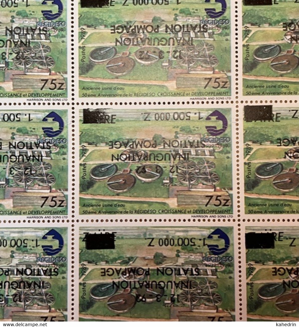 Zaire 1990, Regideso, ERROR: Inverted Overprint Surcharge: Inauguration Station Pompage, Inflation **, MNH, Half Sheet - Nuevos