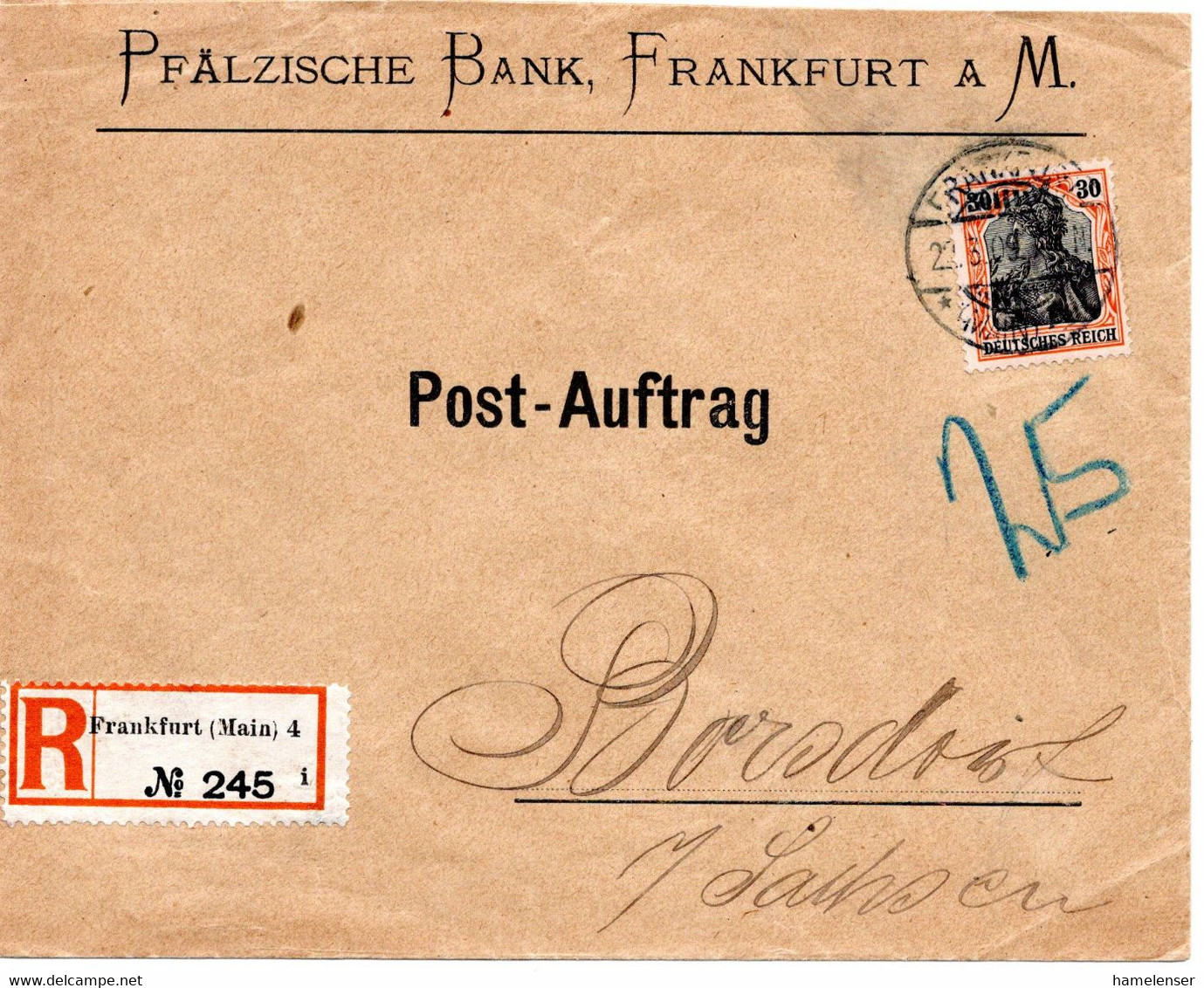 56309 - Deutsches Reich - 1909 - 30Pfg Germania EF A Postauftrag FRANKFURT -> BORSDORF - Storia Postale