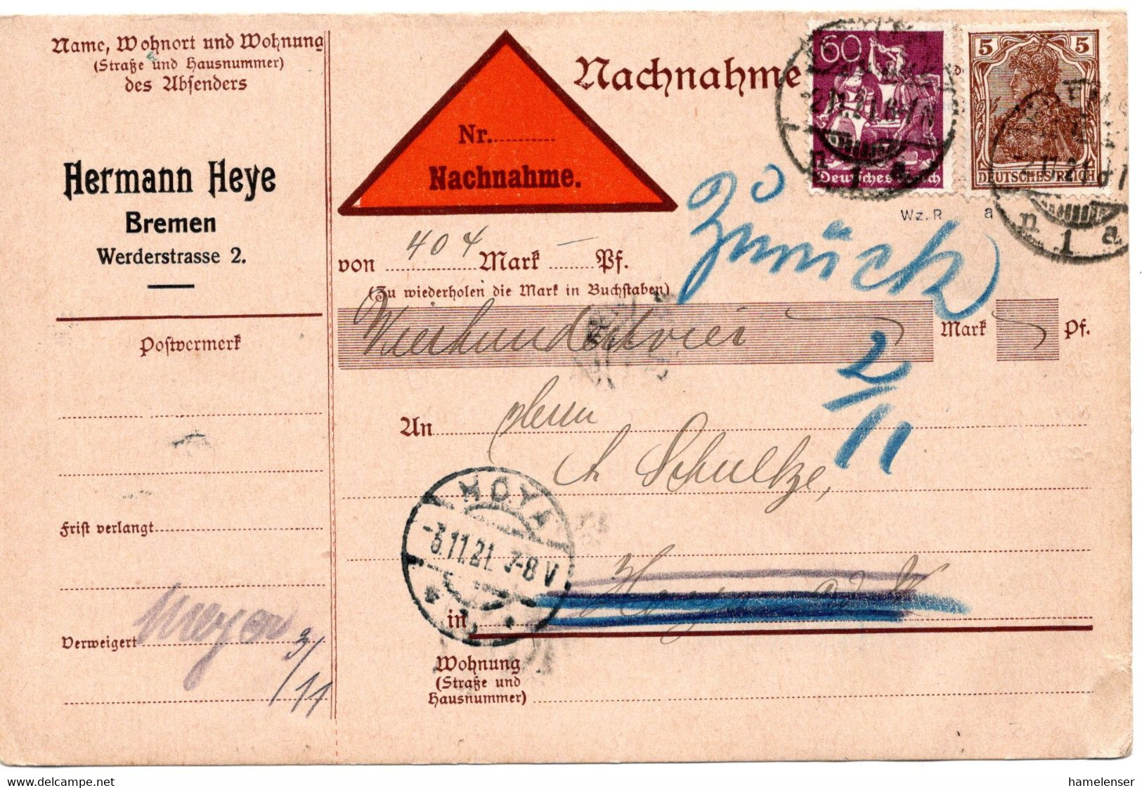 56312 - Deutsches Reich - 1921 - 60Pfg Arbeiter MiF A NN-Kte BREMEN -> HOYA, Zurueck Als "verweigert" - Lettres & Documents