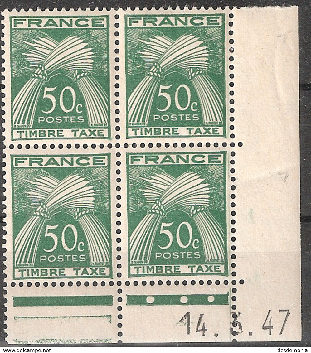 France Yvert Taxe 80 ** Gerbes De Blé Timbre 50 « c Penché » Tàn Vert Coin-daté Du 14,3,47 Galvano A+B - Postage Due