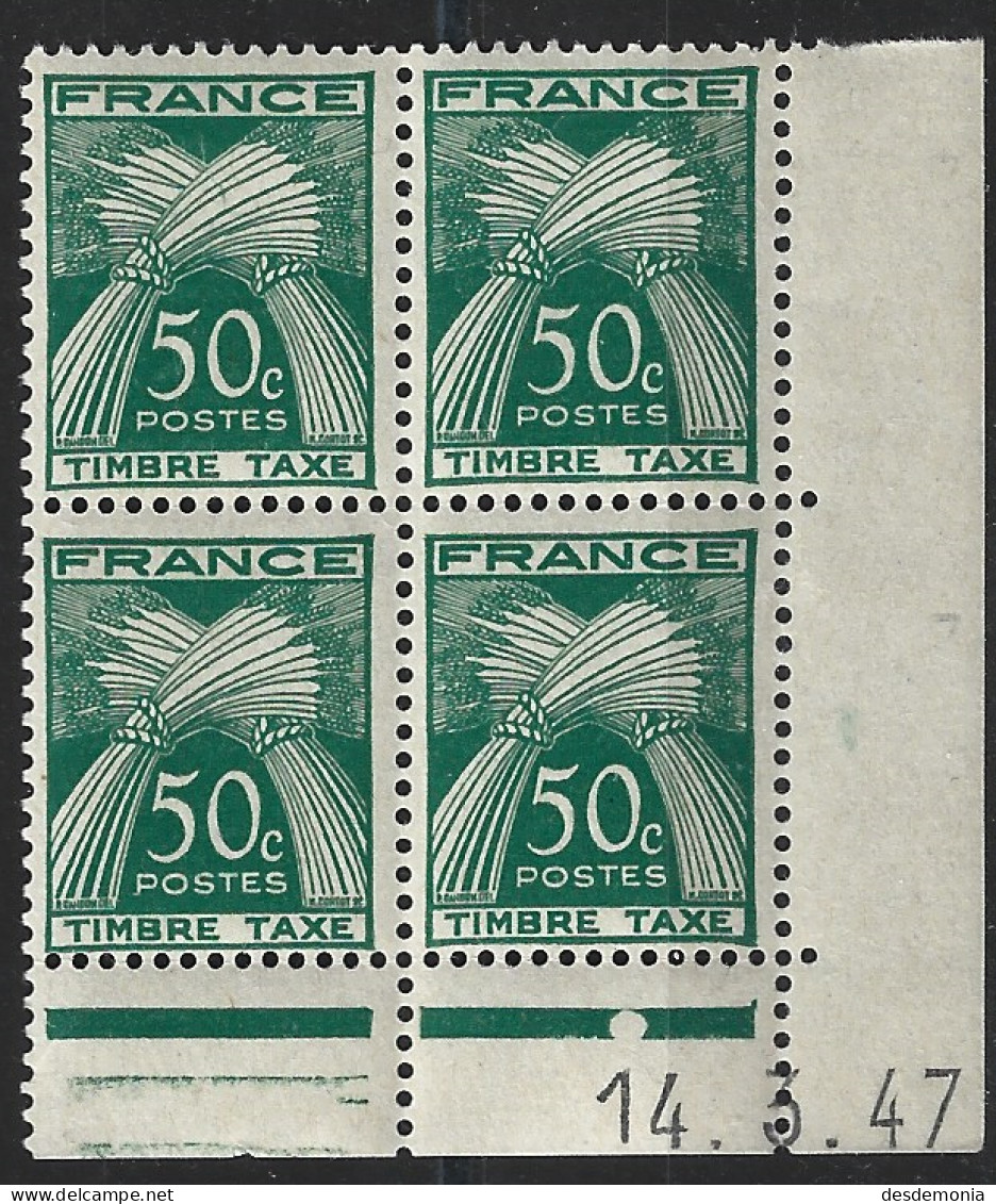 France Yvert Taxe 80 ** Gerbes De Blé Timbre 50 « c Penché » Tàn Vert Coin-daté Du 14,3,47 Galvano A+B - Postage Due