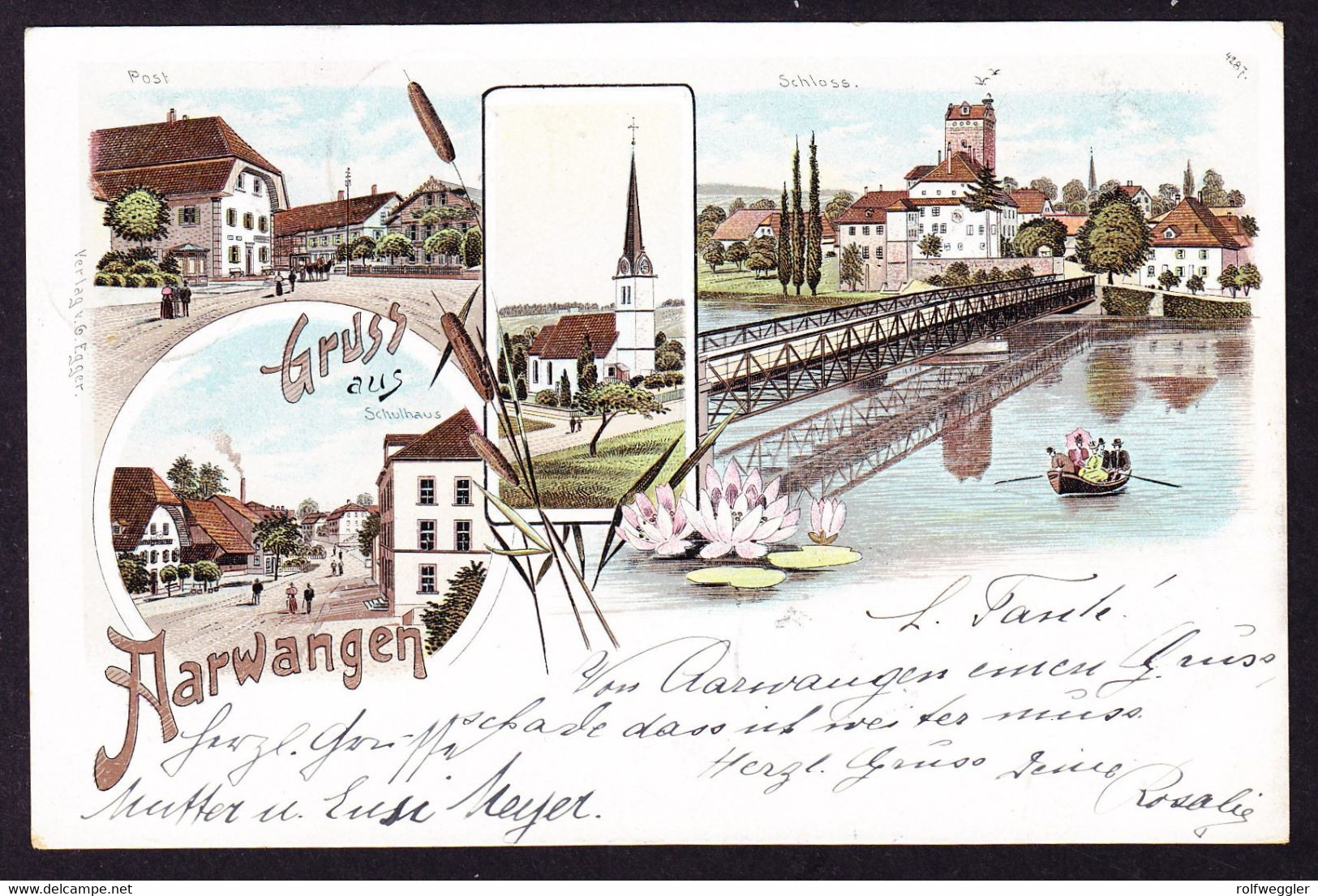 1900 Gelaufene AK: Gruss Aus Aarwangen. 4 Bildrig. Post, Schulhaus, Schloss Und Kirche. Minim Fleckig. - Aarwangen