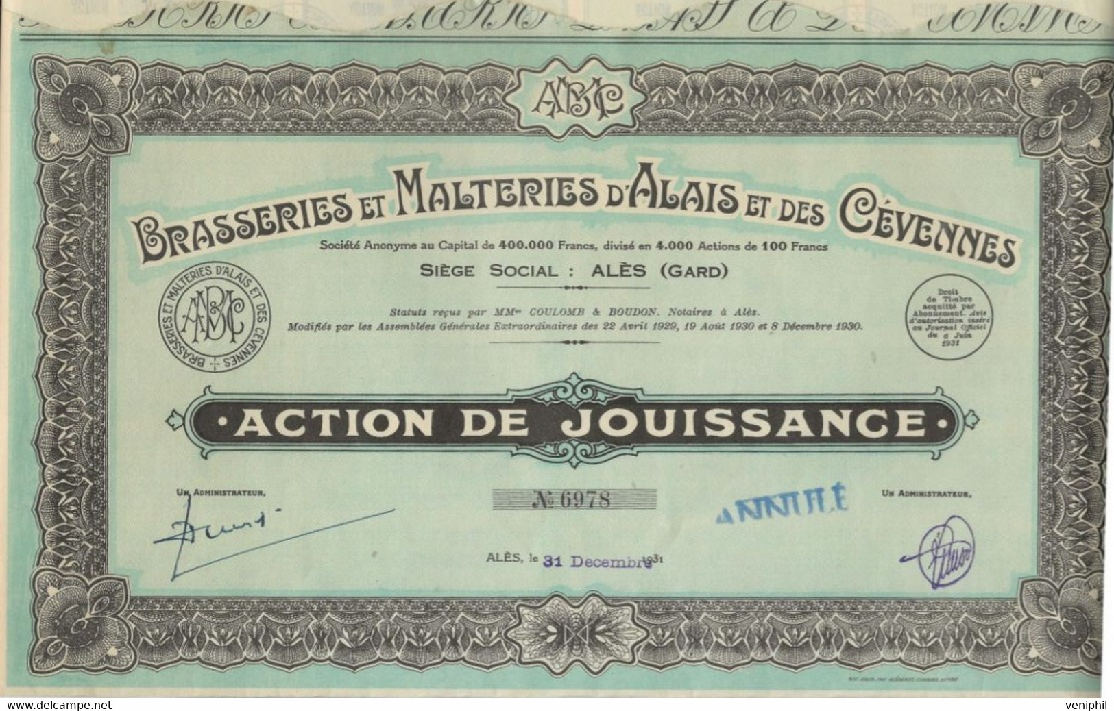 BRASSERIES ET MALTERIES D'ALAIS ET DES CEVENNES  -ALES- GARD - ACTION DE JOUISSANCE DIVISE EN 4000 ACTIONS -1931 - Landwirtschaft