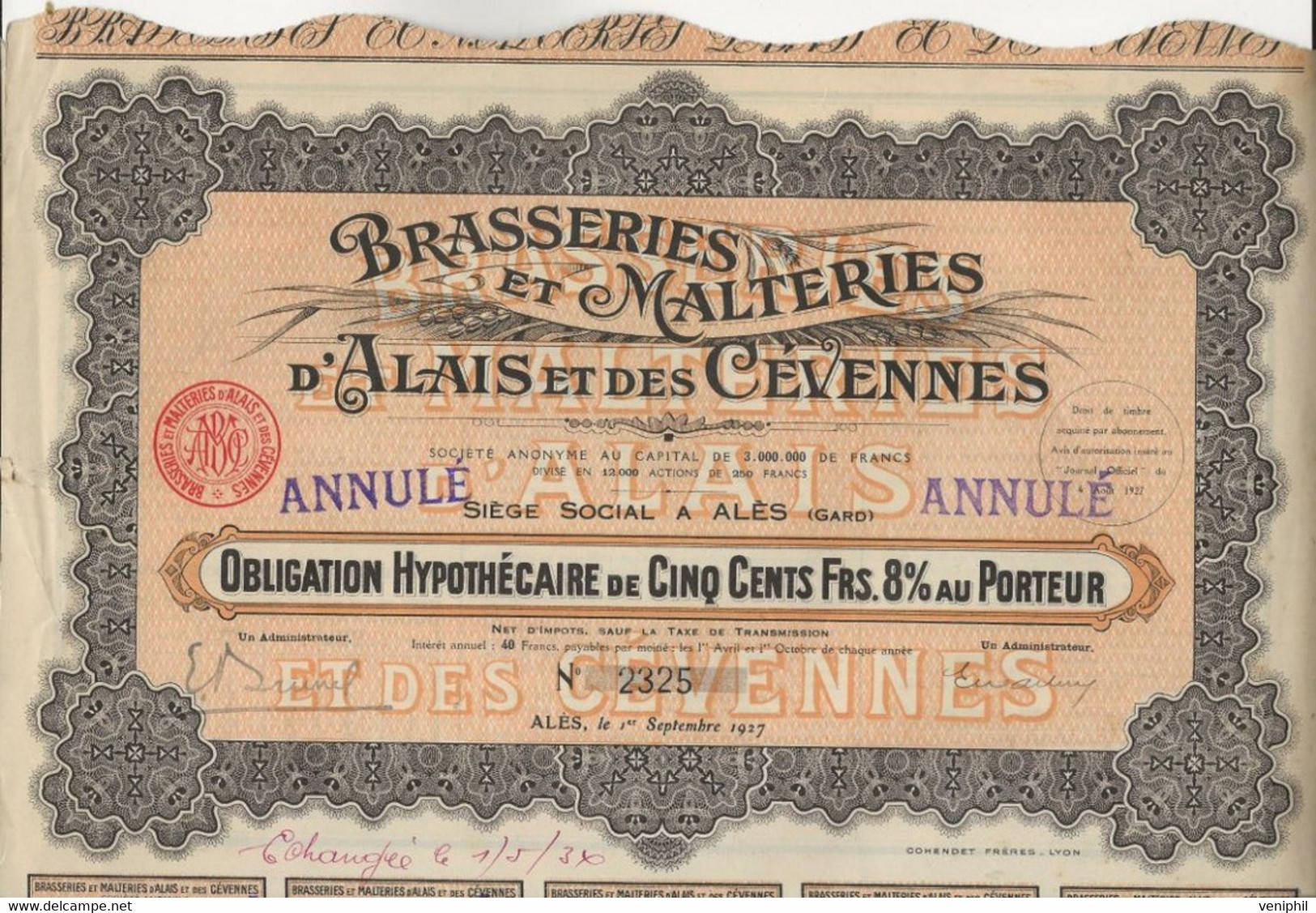 BRASSERIES ET MALTERIES D'ALAIS ET DES CEVENNES  -ALES- GARD -OBLIGATION HYPOTHECAIRE DE 500 FRS 8% -ANNEE 1927 - Agricultura