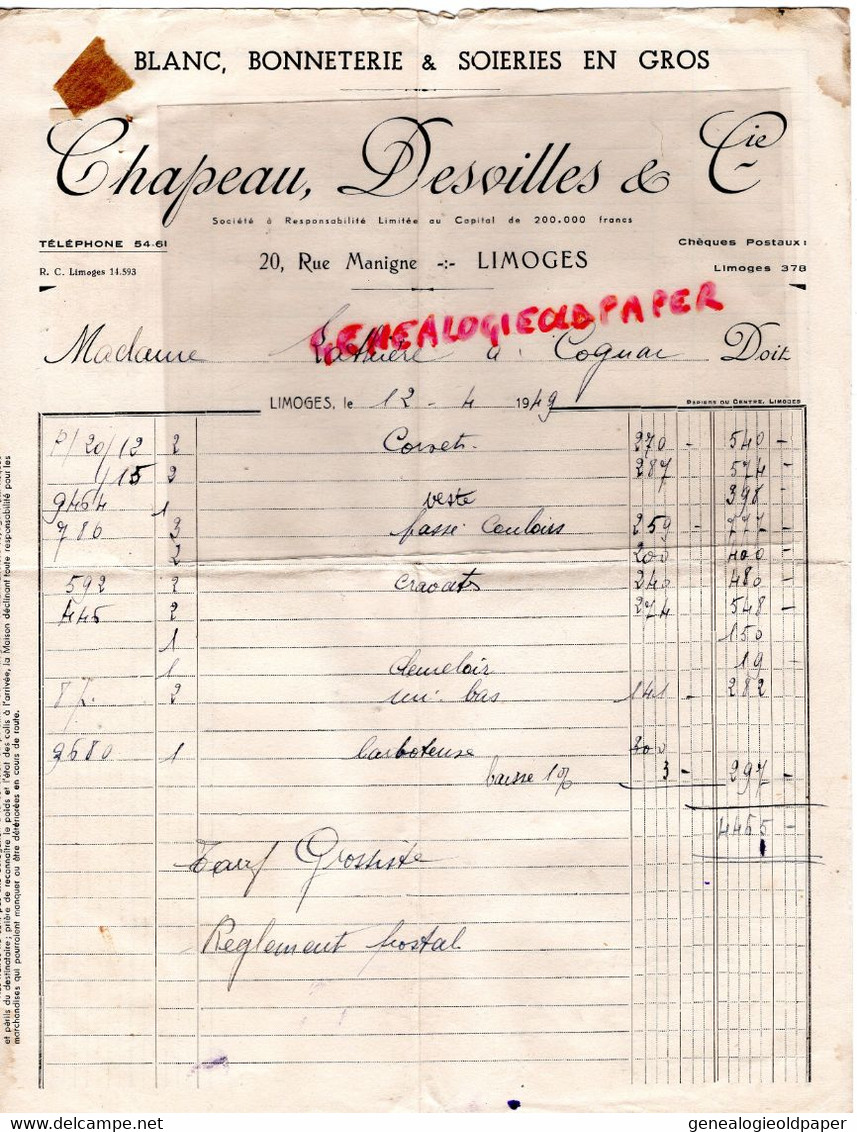 87 - LIMOGES - FACTURE CHAPEAU DESVILLES - BONNETERIE SOIERIES- 20 RUE MANIGNE -1949 A MME LATHIERE COGNAC LE FROID - Textile & Vestimentaire
