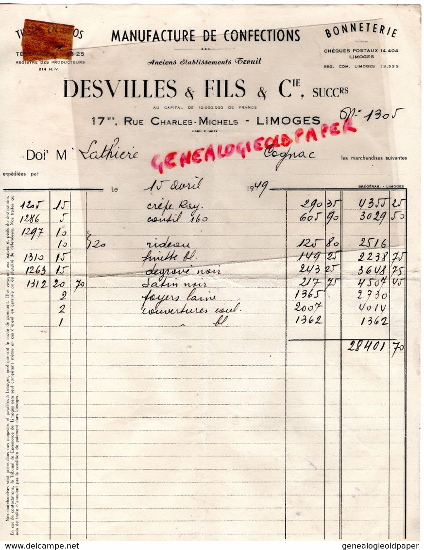 87 - LIMOGES - FACTURE   BONNETERIE MANUFACTURE DE CONFECTIONS - DESVILLES & FILS-17 RUE CHARLES MICHELS-1949 - Textile & Vestimentaire