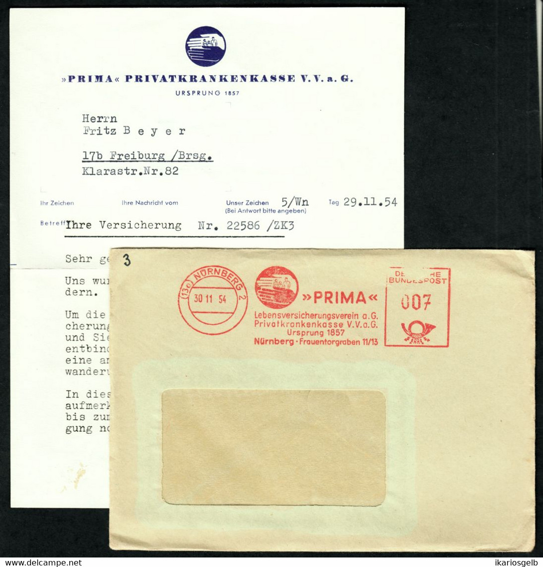 Nürnberg 1954 Deko Rechnung Der Erloschenen " Privatkrankenkasse Lebensversicherung PRIMA " + Freistempel - Couvert - Banco & Caja De Ahorros