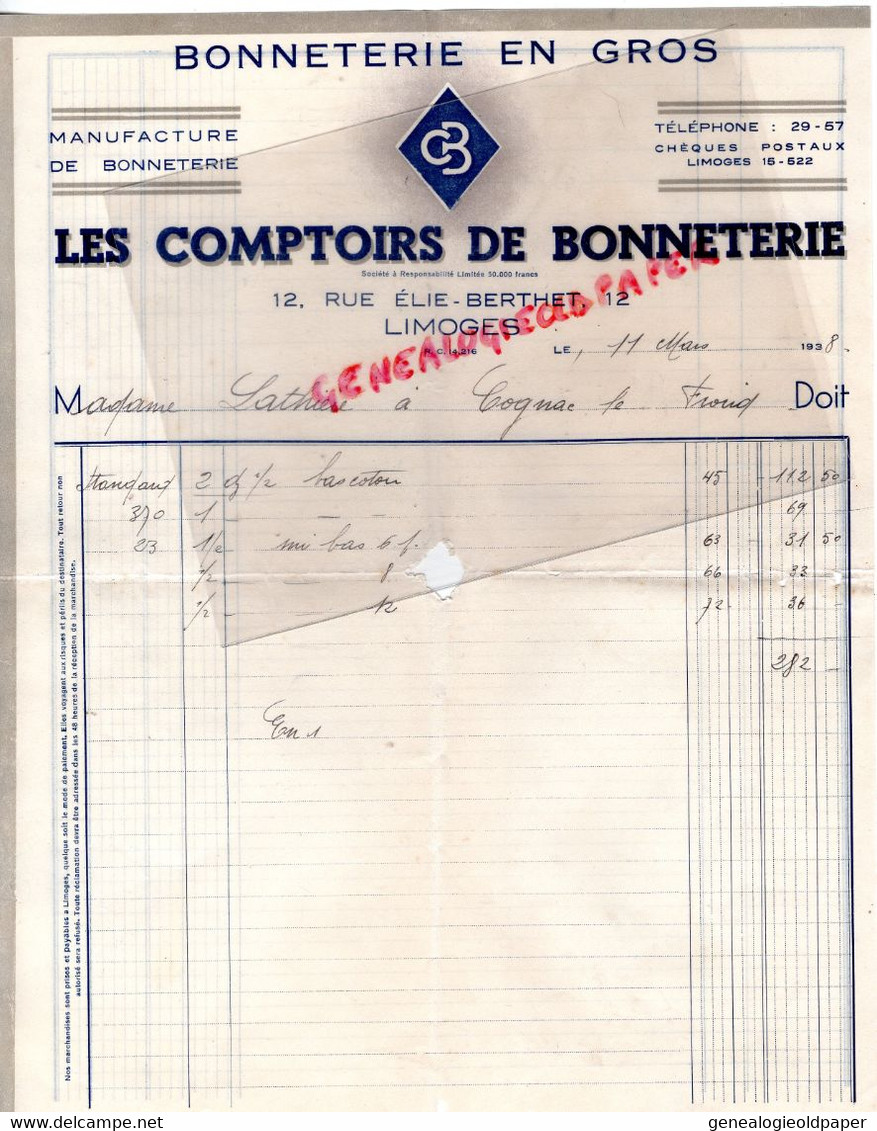 87 - LIMOGES - FACTURE LES COMPTOIRS BONNETERIE - MANUFACTURE BONNETERIE-12 RUE ELIE BERTHET-1938 LATHIERE COGNAC FROID - 1900 – 1949