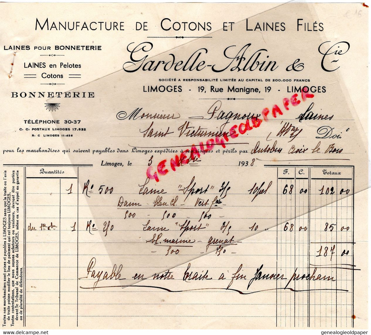 87 - LIMOGES - FACTURE GARDELLE ALBIN- BONNETERIE MANUFACTURE COTONS -19 RUE MANIGNE-M. PAGNOUX ST SAINT VICTURNIEN - Kleidung & Textil