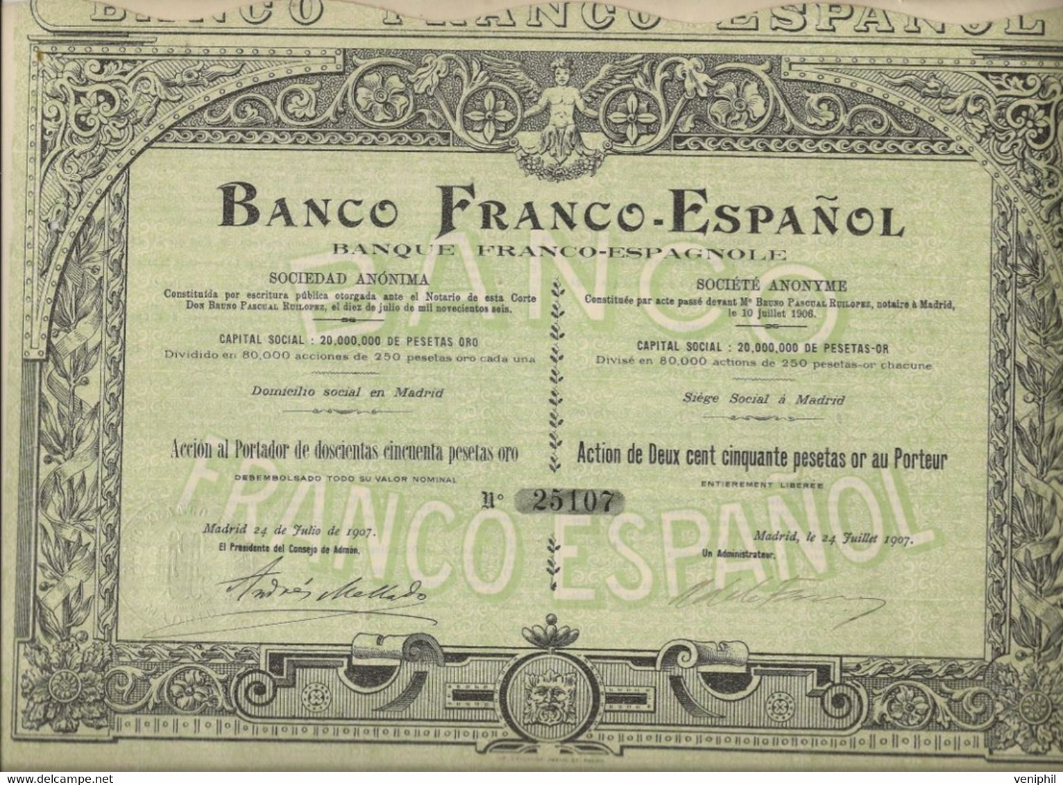 BANQUE FRANCO -ESPAGNOL -LOT DE 2 ACTIONS DE 250 PESETAS OR - ANNEE 1907 - Bank En Verzekering