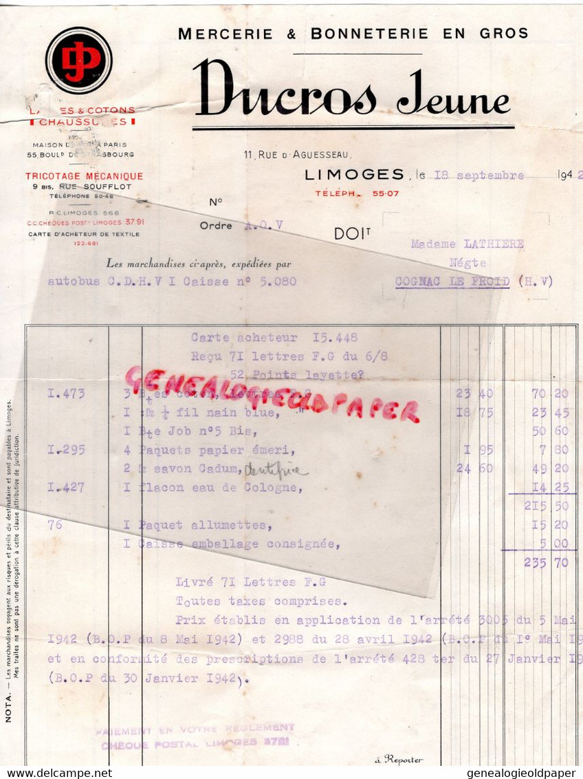 87 - LIMOGES - FACTURE DUCROS JEUNE -MERCERIE BONNETERIE-11 RUE D' AGUESSEAU-1942- MME LATHIERE COGNAC LE FROID - Kleidung & Textil