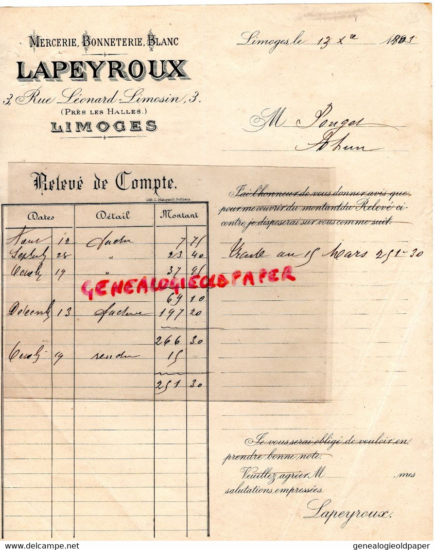 87- LIMOGES-FACTURE LAPEYROUX- MERCERIE LINGERIE BONNETERIE-3 RUE LEONARD LIMOSIN-HALLES- 1891 -M. POUGET AHUN CREUSE - Textile & Vestimentaire