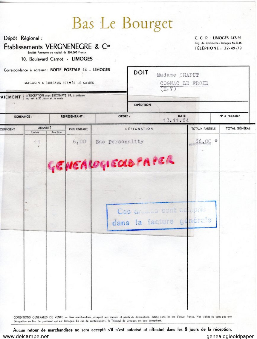 87- LIMOGES- FACTURE BONNETERIE MERCERIE ETS. VERGNENEGRE- 10 BOULEVARD CARNOT-BAS LE BOURGET LINGERIE-1964 - Textile & Vestimentaire