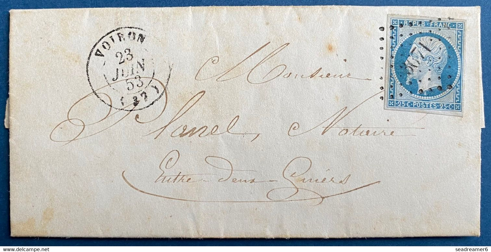 Lettre Presidence N°10 25c Bleu PC 3671 + Dateur T15 De VOIRON Pour ENTRE DEUX GUIERS (1650 Ames) Par Les Echelles TTB - 1852 Louis-Napoleon