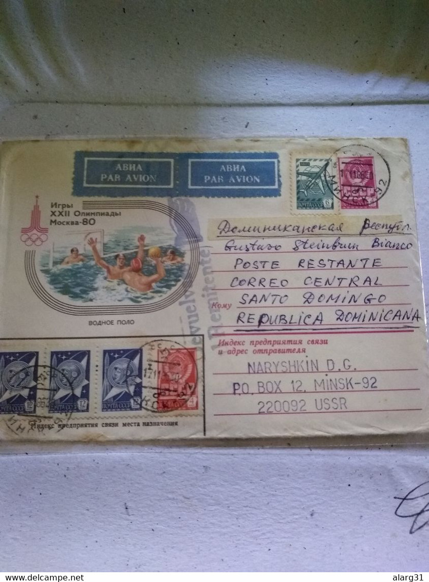 Ussr.moscow 80 Olympic.posted Belarús Minsk Dominicana Rep.cover Water Polo.air &returned..reg Post E7 - Water Polo