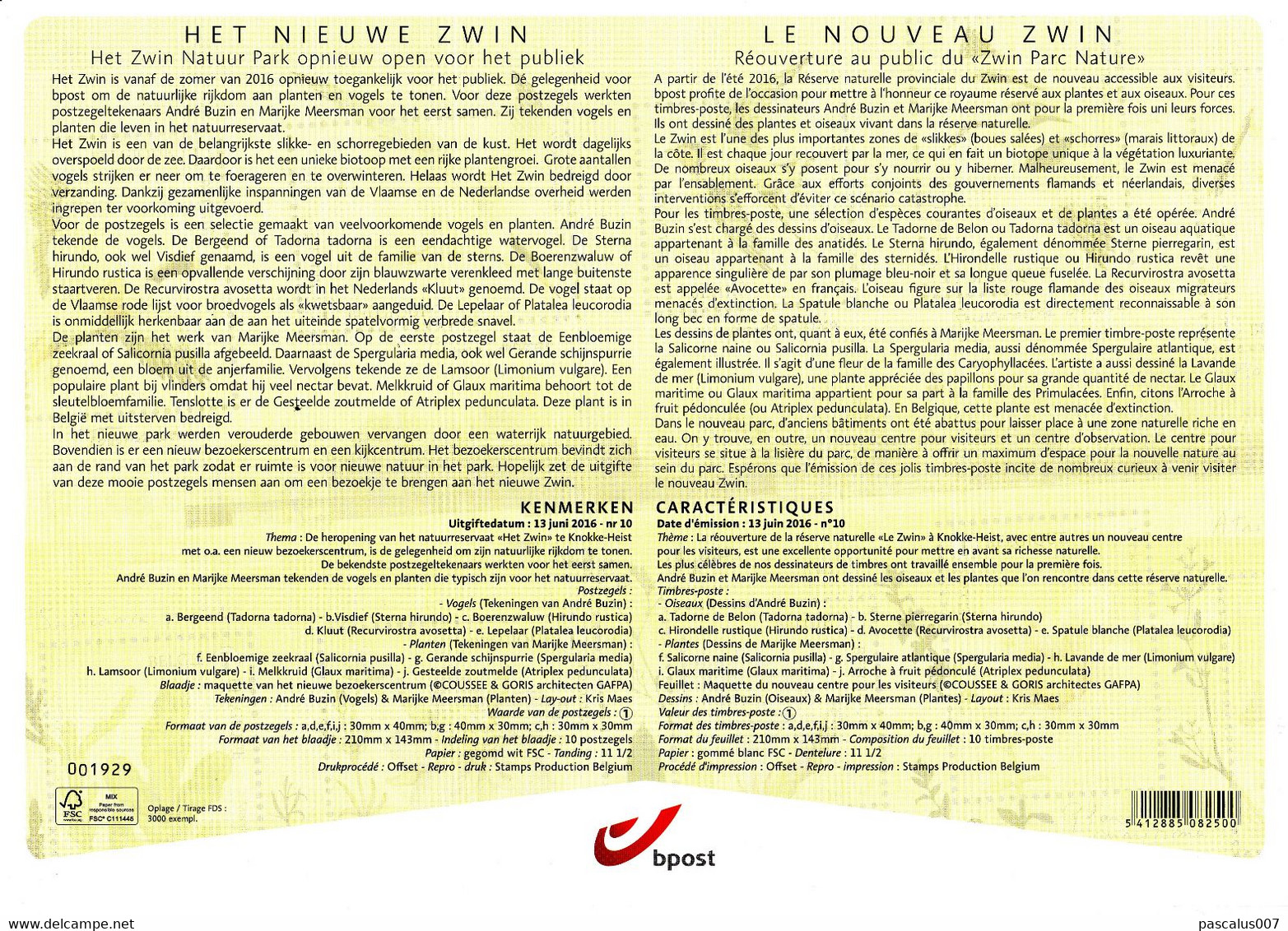 13,2016-10 4601 4610 BL 237 Belgique A4 FDS First Day Sheet  Le Nouveau Zwin  13-6-2016 - 2011-2014