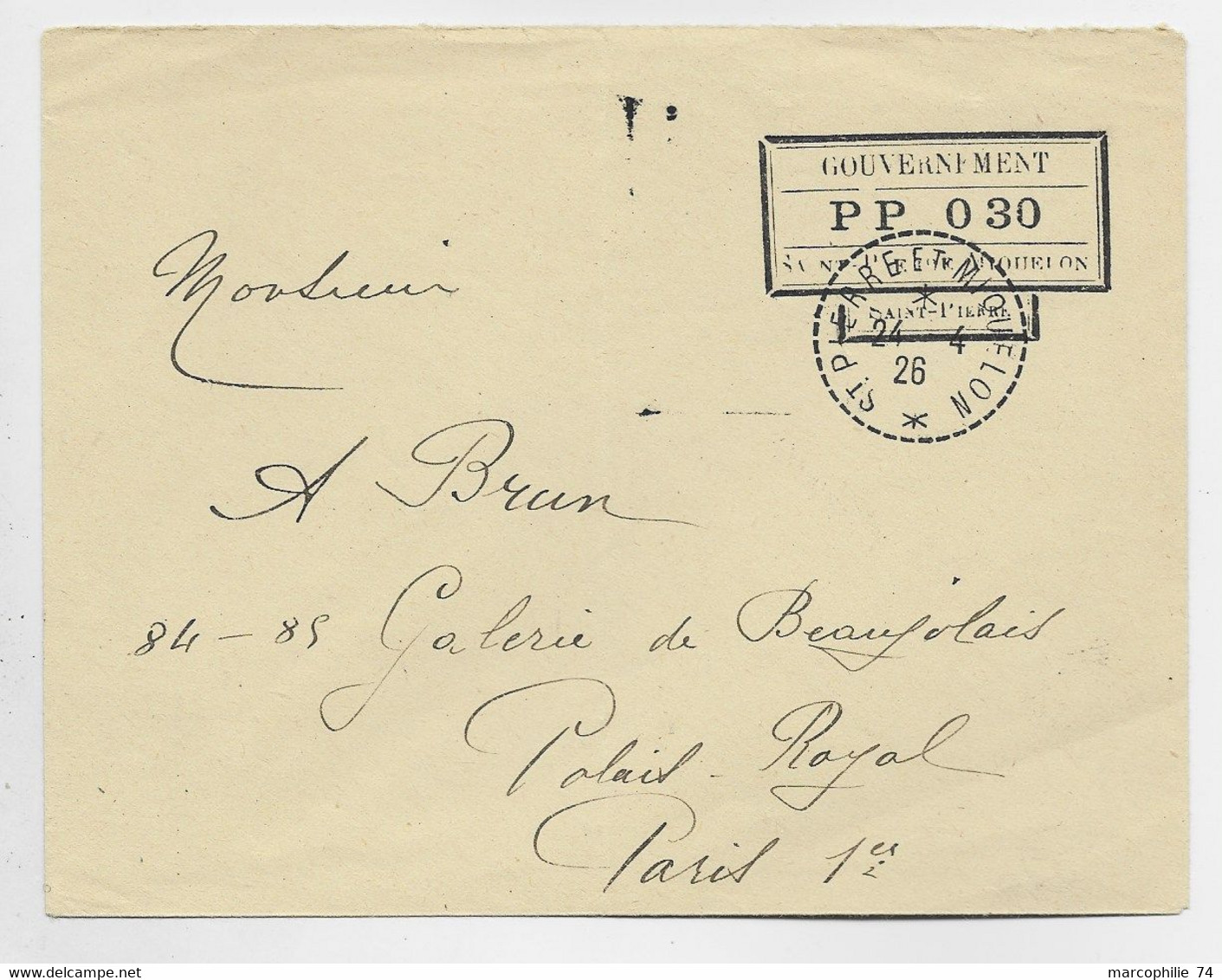 ST PIERRE ET MIQUELON 24.4.1926 C. PERLE LETTRE + GRIFFE PP 030 GOUVERNEMENT POUR PARIS - Cartas & Documentos