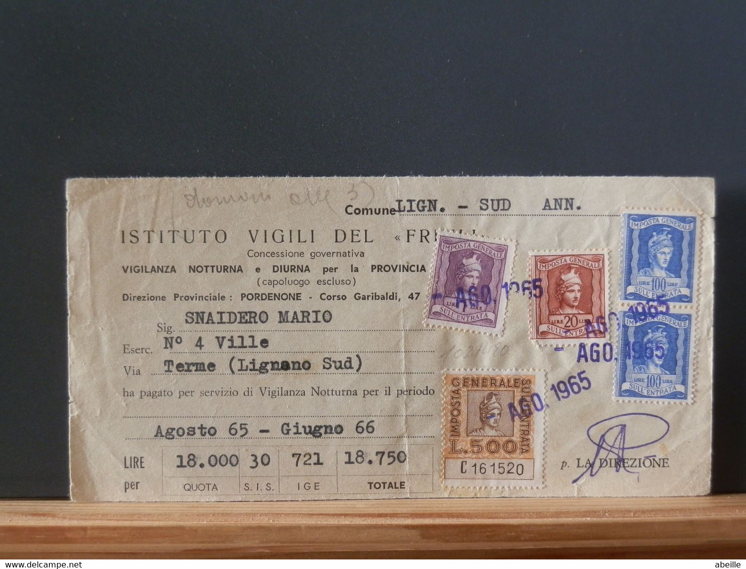 100/480A  DOC.   ITALIE  1965 - Fiscaux