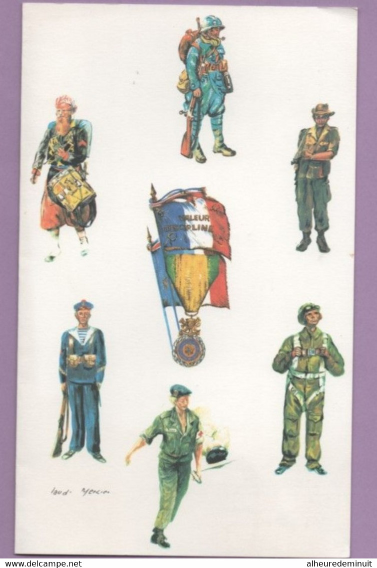 MENU"VALEUR ET DISCIPLINE"aquarelle C.MERCIER"1994"médaille Militaire"drapeau National"marin"poilu"zouave Napoléon III" - Menus